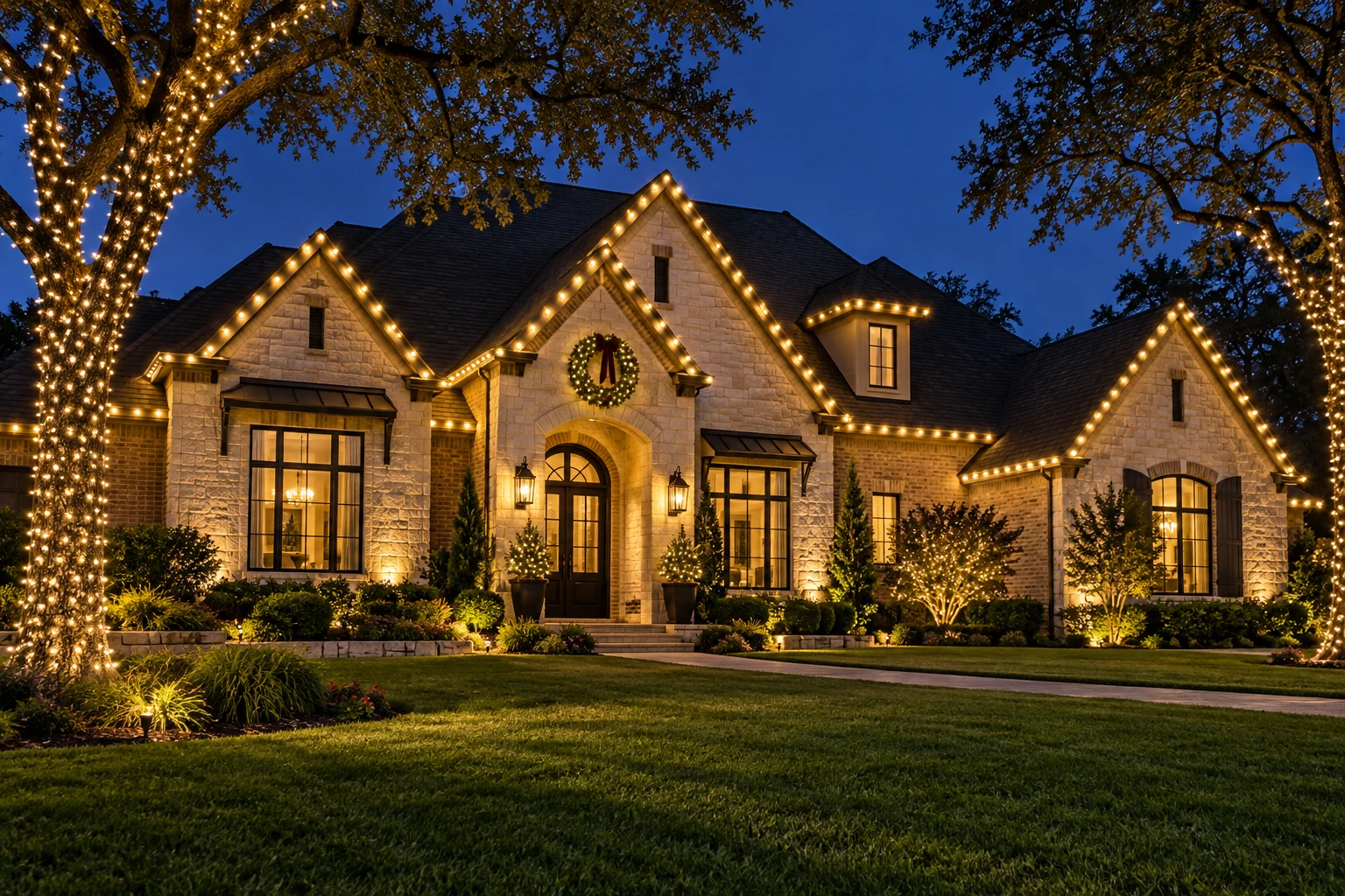 Design concept of a Texas home outlined with warm white Christmas lights